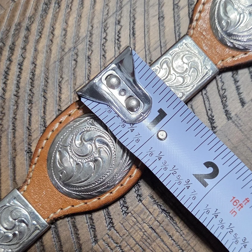 Western Leather Belt Hand Tooled Silver Buckle Conchos Made in USA 32" Unisex - Picture 8 of 8